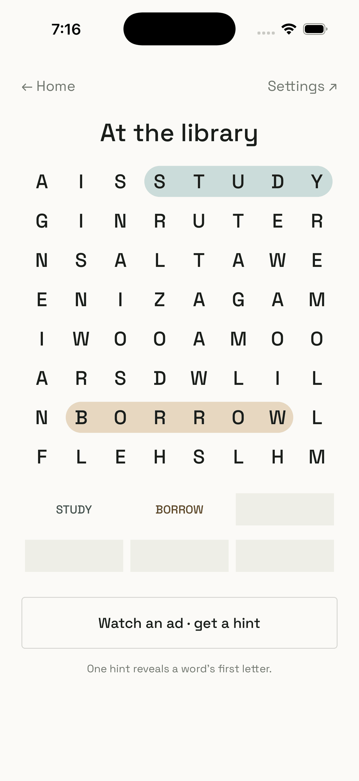 An 8 by 8 word search titled At the library with STUDY and BORROW highlighted.